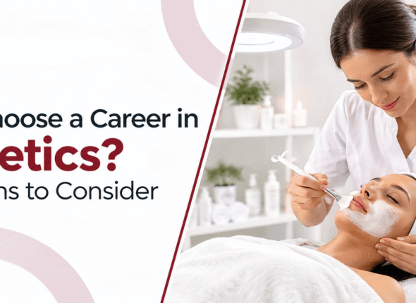Elite Royal International Career College banner: esthetician applying a facial mask to a client, titled 'Why Choose a Career in Esthetics? 7 Reasons to Consider in 2026